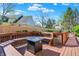 Backyard deck with a built-in seating, a fire table, and a wood privacy fence at 10715 Hamilton Pass, Fishers, IN 46037