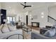 Open-concept living space with hardwood floors, modern furnishings, lots of natural light, and a ceiling fan at 1317 Spann Ave, Indianapolis, IN 46203