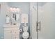 Bathroom features a glass shower and white vanity at 1453 English Ave, Indianapolis, IN 46201