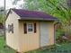 Quaint outdoor shed with a contrasting trim and good storage space, set against a leafy backdrop at 14544 Lynn Ave, Fishers, IN 46038