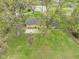 Overhead view displays backyard with a stone patio, fire pit, and green space surrounded by large trees at 225 Vali Ct, Carmel, IN 46280