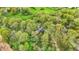 A high-angle drone shot of trees surrounding a house and outbuilding nestled in the woods at 2920 N Buck Creek Rd, Greenfield, IN 46140