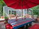 Outdoor patio with dining area, lounge seating, and shade for entertaining at 7037 Indian Lake W Blvd, Indianapolis, IN 46236