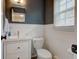 Charming powder room with wainscoting, a modern vanity, and a decorative mirror at 7756 N Audubon Rd, Indianapolis, IN 46250