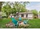 A backyard with a firepit, blue Adirondack chairs, trees, and a well maintained lawn at 8041 Barry Rd, Indianapolis, IN 46219