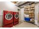 Functional laundry room featuring red washer and dryer, shelving, and storage for household needs at 902 N College Ave, Indianapolis, IN 46202