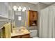 Cozy bathroom with a classic vanity, an updated light fixture, and a shower with a patterned curtain at 20777 Summitt Rd, Noblesville, IN 46062