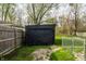 View of a storage shed in the backyard, featuring grass and trees at 3909 Aloda St, Indianapolis, IN 46203