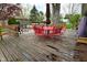 Large wooden deck with a dining set, fire pit, and patio area, ideal for outdoor entertaining at 601 E 95Th St, Indianapolis, IN 46240