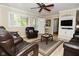 Inviting living room features new light flooring and a view to an outdoor porch and built in entertainment center at 601 E 95Th St, Indianapolis, IN 46240