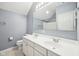 Blue walled bathroom with a double sink vanity with a large mirror at 720 Bucksport Ln, Westfield, IN 46074