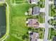 Overhead view of a property with a large lawn, patio, fire pit, and pond, surrounded by residential homes at 8324 Thorn Bend Dr, Indianapolis, IN 46278