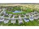 Panoramic aerial shot of a residential area with homes, lush greenery, trees, and a serene pond in the background at 8324 Thorn Bend Dr, Indianapolis, IN 46278