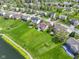Aerial view of neighborhood showcasing lush green lawns, mature trees, and a tranquil pond in a beautiful community at 8324 Thorn Bend Dr, Indianapolis, IN 46278