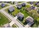 High angle of a residential area with well-groomed lawns, leafy trees, and a mix of house designs at 957 Commander Ct, Westfield, IN 46074