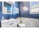 Charming half bathroom with blue walls, white wainscoting, and modern sink at 957 Commander Ct, Westfield, IN 46074