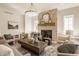 Open-concept living room with stone fireplace, comfortable seating, and plenty of natural light at 10415 Westfield Blvd, Carmel, IN 46280