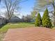 Large backyard features an expansive lawn, mature trees, and a wooden deck perfect for entertaining at 125 W Noble St, Lebanon, IN 46052
