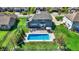 Overhead view showing blue house featuring inground pool, patio, and manicured lawn at 13836 Fieldcrest Dr, McCordsville, IN 46055