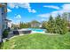 An attractive backyard features a pool, a comfortable lounge area with a firepit, and manicured greenery at 13836 Fieldcrest Dr, McCordsville, IN 46055