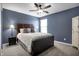 Comfortable bedroom featuring stylish decor, a ceiling fan, and carpet flooring at 13836 Fieldcrest Dr, McCordsville, IN 46055