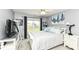 Cozy bedroom featuring a queen bed, ceiling fan, neutral paint, large windows and carpeted floors at 19311 Morrison Way, Noblesville, IN 46060