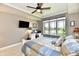 Comfortable bedroom with ceiling fan, desk, television, and a large window with a scenic view at 20971 Shoreline Ct # 305, Noblesville, IN 46062
