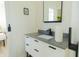 Elegant bathroom vanity featuring a gray countertop, white cabinets, and minimalist black hardware at 2302 Prospect St, Indianapolis, IN 46203