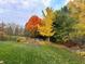 Spacious backyard with lush green lawn, mature trees displaying fall colors, and a cozy seating area at 3790 Steeplechase Dr, Carmel, IN 46032