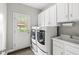 Convenient laundry room features a washer, dryer, sink, storage cabinets, and exterior access at 3790 Steeplechase Dr, Carmel, IN 46032