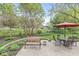 Cozy patio with seating and a bench, surrounded by lush gardens under the shade of a large umbrella at 3790 Steeplechase Dr, Carmel, IN 46032