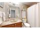 Cozy bathroom with a single sink, framed mirror, toilet, and shower with curtain at 4243 Bay Leaf Cir, Indianapolis, IN 46237