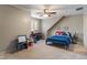 This bedroom features carpet, a ceiling fan, a window for natural light, and play and rest space at 9658 Highgate N Cir, Indianapolis, IN 46250