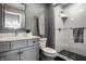 Modern bathroom featuring a gray vanity with a marble countertop, glass-enclosed shower, and sleek fixtures at 12715 Norfolk Ln, Carmel, IN 46032