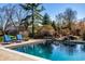 Serene swimming pool featuring a rock waterfall, surrounded by lush greenery and comfortable poolside seating at 12715 Norfolk Ln, Carmel, IN 46032