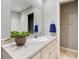 Neutral-toned bathroom with large mirror, vanity, and towel rack at 2215 Golfside Dr, Lebanon, IN 46052