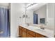 Bathroom featuring double vanity, framed mirror, and shower with curtain at 286 Fairfax Ln, Greenwood, IN 46142