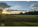 A wide shot of a large grassy backyard with a sunset and some trees in the background at 3384 Homestretch Dr, Carmel, IN 46032