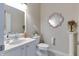 Elegant half-bathroom with stylish mirror, white vanity, and decorative accents enhancing its charm at 6054 Easy Ln, Indianapolis, IN 46259