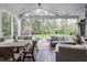 Screened patio with comfortable seating, wooden dining table, ceiling fan, and views of the landscaped backyard at 7602 N Pennsylvania St, Indianapolis, IN 46240