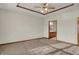 A neutral bedroom featuring carpet, ceiling fan and en suite bathroom at 793 Shepherds Way, Greenwood, IN 46143
