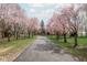 Long driveway leads to a brick home, framed by flowering trees, creating a serene and inviting entrance at 8551 E 300 S, Zionsville, IN 46077