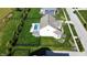 An aerial view of a fenced-in backyard features a modern in-ground swimming pool and patio at 1051 Margate Dr, Greenwood, IN 46143
