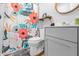 Stylish bathroom with decorative shower curtain, vanity and round mirror at 18771 Northridge Dr, Noblesville, IN 46060