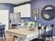 Dining room with blue accent wall, a table set for dinner, and a round mirror at 30 Benfield Dr, Whiteland, IN 46184