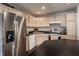 Kitchen with stainless steel refrigerator and appliances, light wood cabinets, and dark countertops at 9575 Thradd St, Fishers, IN 46038