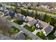Aerial view of a home with beautiful landscaping and mature trees in a suburban neighborhood at 9626 Oakhaven Ct, Indianapolis, IN 46256