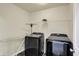 Functional laundry area features a black washer and dryer set, along with shelving for storage at 10811 Wild Orchard Ln, Indianapolis, IN 46239