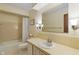 Cozy bathroom features a vanity with a sink, a mirror, and a shower with a bathtub at 11415 Central E Dr, Carmel, IN 46032