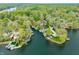 Aerial view showcasing a lake community with homes with docks and boat slips near a dense forest at 7456 Heather Ct, Nineveh, IN 46164